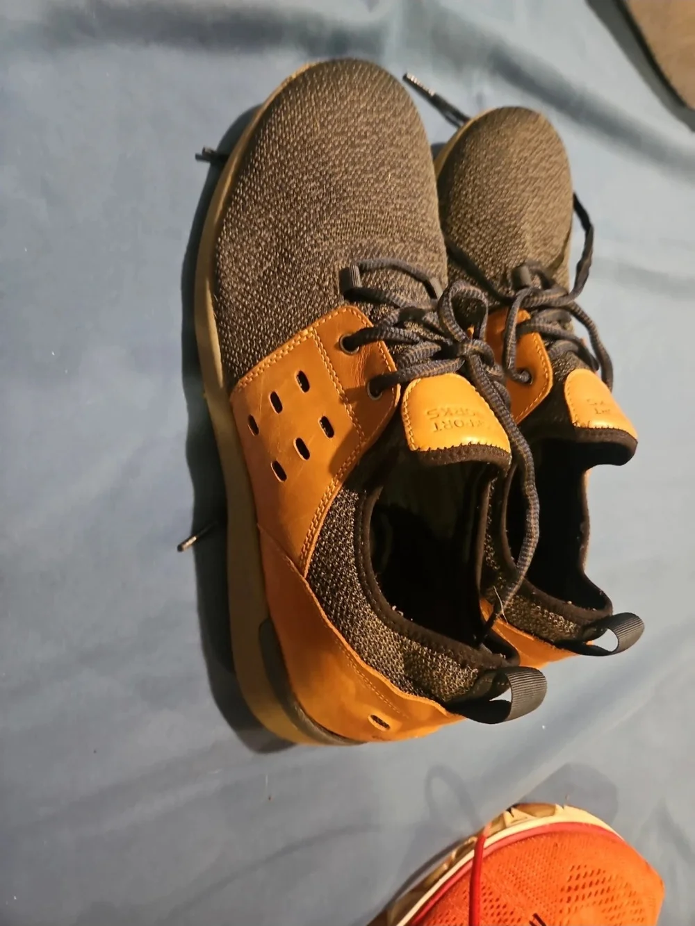 Rockport Steel Toe Men’s gray Knit Sneakers with Tan Leather Tabs